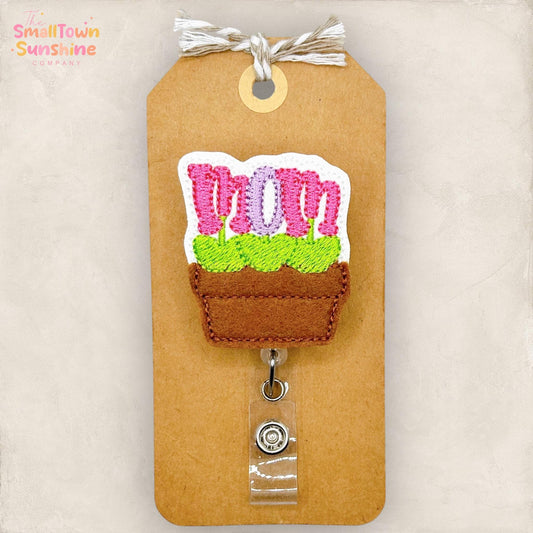 Mom Flower Planter Retractable Badge Reel: Spring ID Holder, Name Tag, Topper, Coworker Gift, Lanyard, MRI Safe, Heavy Duty Option | GLITTER