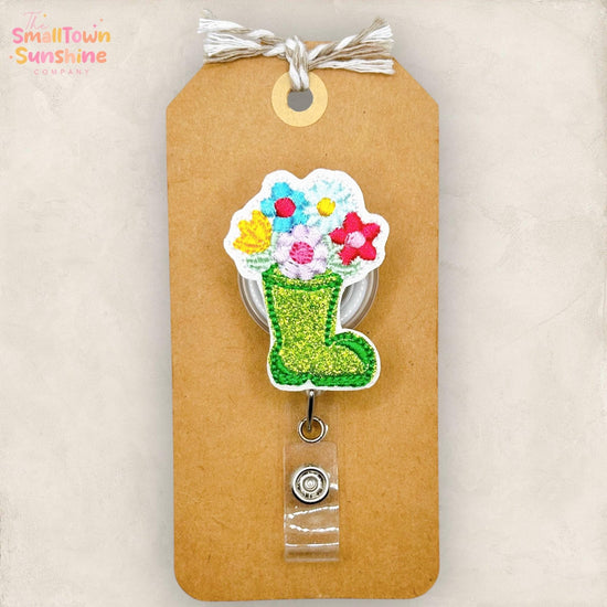 Floral Rain Boot Retractable Badge Reel: Spring ID Holder, Name Tag, Topper, Coworker Gift, Lanyard, MRI Safe, Heavy Duty Options | GLITTER