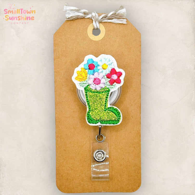 Floral Rain Boot Retractable Badge Reel: Spring ID Holder, Name Tag, Topper, Coworker Gift, Lanyard, MRI Safe, Heavy Duty Options | GLITTER