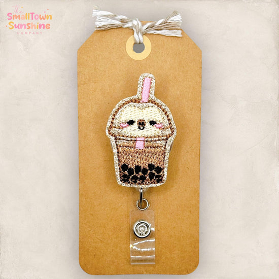 Sloth Boba Tea Retractable Badge Reel: Tea Drinker ID Holder, Name Tag, Topper, Coworker Gift, Lanyard, MRI Safe, Heavy Duty | GLITTER