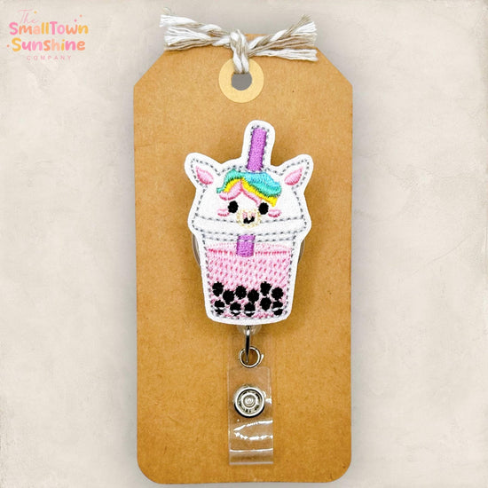 Unicorn Boba Tea Retractable Badge Reel: Tea Drinker ID Holder, Name Tag, Topper, Coworker Gift, Lanyard, MRI Safe, Heavy Duty | GLITTER