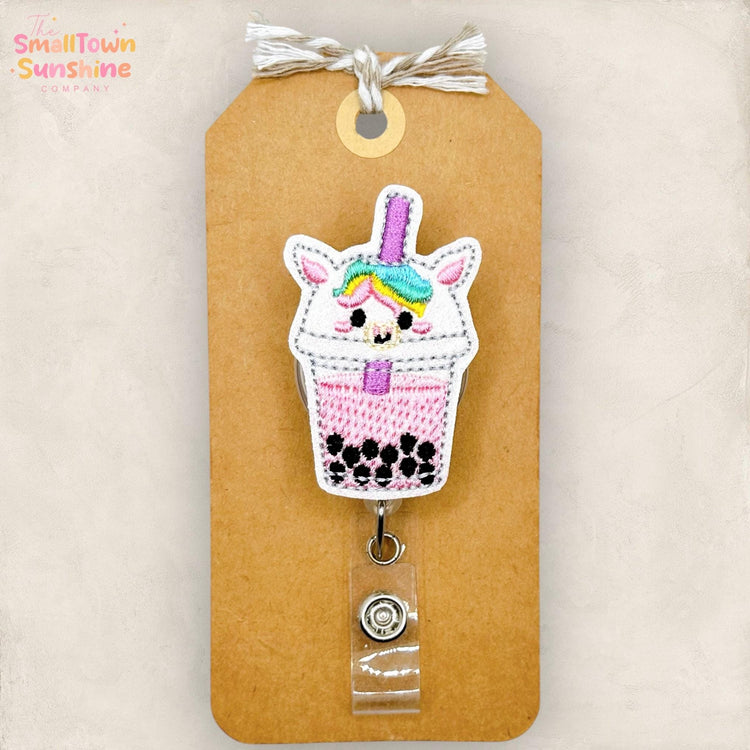 Unicorn Boba Tea Retractable Badge Reel: Tea Drinker ID Holder, Name Tag, Topper, Coworker Gift, Lanyard, MRI Safe, Heavy Duty | GLITTER