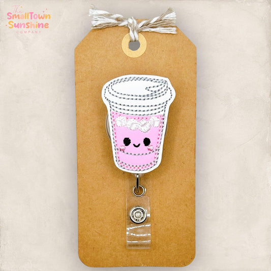 Iced Pink Drink Retractable Badge Reel: Strawberry Drink ID Holder, Name Tag, Topper, Coworker Gift, Lanyard, MRI Safe, Heavy Duty Options