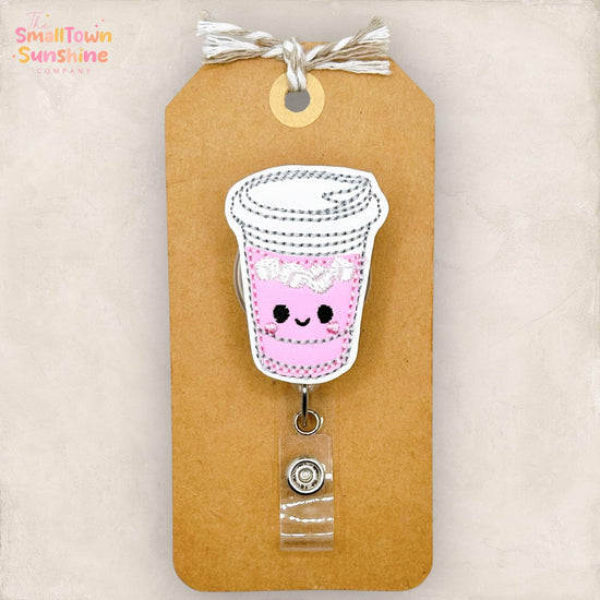 Iced Pink Drink Retractable Badge Reel: Strawberry Drink ID Holder, Name Tag, Topper, Coworker Gift, Lanyard, MRI Safe, Heavy Duty Options