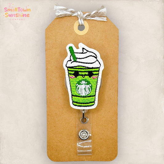 Matcha Latte Retractable Badge Reel: Green Tea ID Holder, Name Tag, Topper, Coworker Gift, Lanyard, MRI Safe, Heavy Duty Options | GLITTER