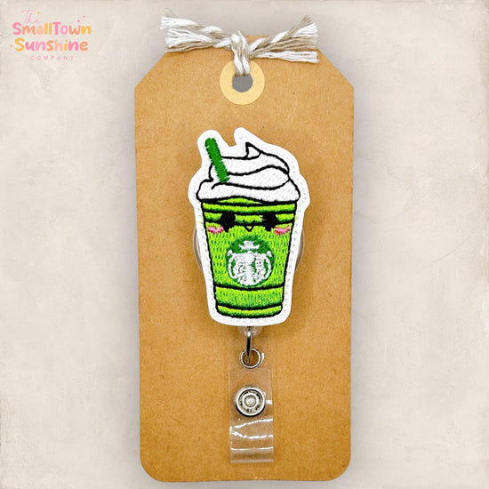 Matcha Latte Retractable Badge Reel: Green Tea ID Holder, Name Tag, Topper, Coworker Gift, Lanyard, MRI Safe, Heavy Duty Options | GLITTER