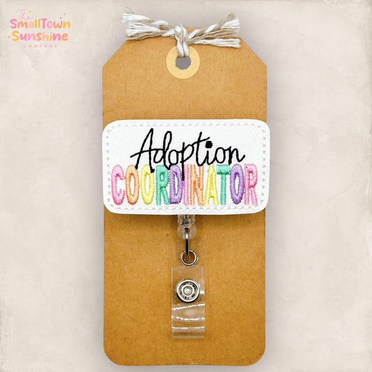 Adoption Coordinator Badge Reel, Adopt Badge Clip, Social Worker Name Tag, Lanyard, Topper, Coworker Gift, Retractable ID Holder | GLITTER