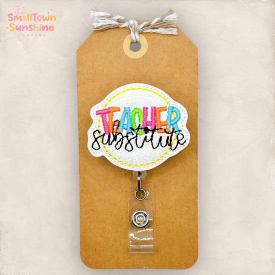 Substitute Teacher Retractable Badge Reel: ID Holder, Name Tag, Swappable Topper, Coworker Gift, Lanyard, MRI Safe, Heavy Duty Options