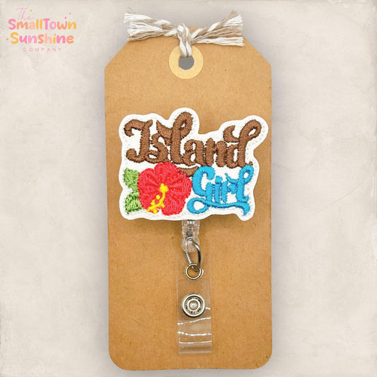 Island Girl Retractable Badge Reel: Summer ID Holder, Name Tag, Topper, Coworker Gift, Lanyard, MRI Safe, Heavy Duty Options | GLITTER