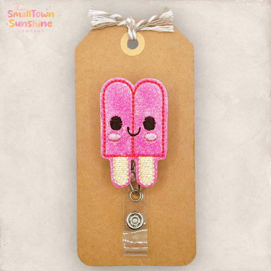 Pink Popsicle Retractable Badge Reel: Summer ID Holder, Name Tag, Topper, Coworker Gift, Lanyard, MRI Safe, Heavy Duty Options | GLITTER