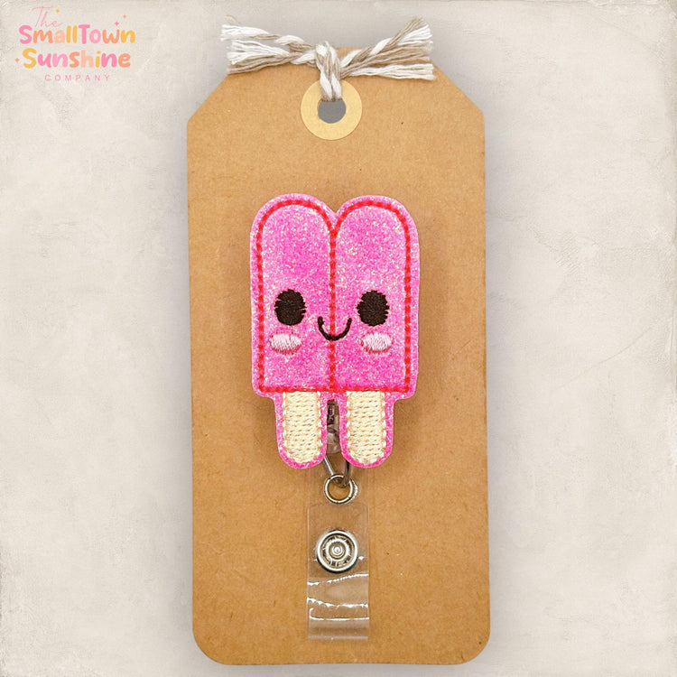 Pink Popsicle Retractable Badge Reel: Summer ID Holder, Name Tag, Topper, Coworker Gift, Lanyard, MRI Safe, Heavy Duty Options | GLITTER