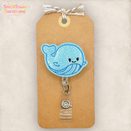 Blue Whale Retractable Badge Reel: Summer ID Holder, Name Tag, Topper, Coworker Gift, Lanyard, MRI Safe, Heavy Duty Options | GLITTER