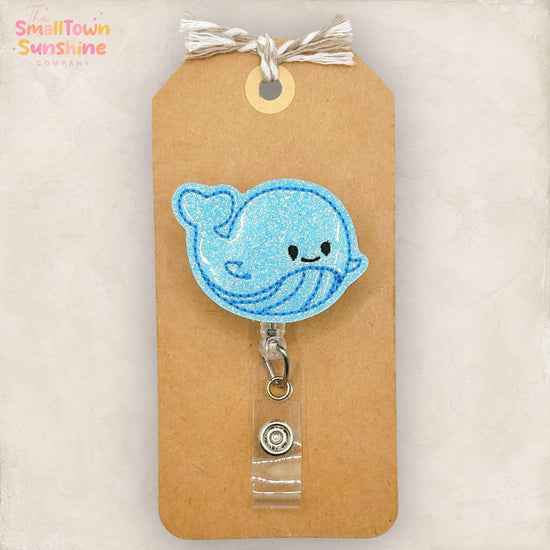 Blue Whale Retractable Badge Reel: Summer ID Holder, Name Tag, Topper, Coworker Gift, Lanyard, MRI Safe, Heavy Duty Options | GLITTER