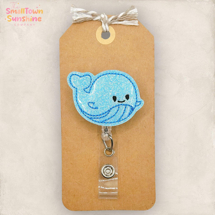 Blue Whale Retractable Badge Reel: Summer ID Holder, Name Tag, Topper, Coworker Gift, Lanyard, MRI Safe, Heavy Duty Options | GLITTER