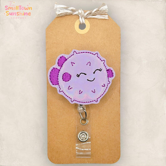 Purple Blowfish Retractable Badge Reel: Puffer Fish ID Holder, Name Tag, Topper, Coworker Gift, Lanyard, MRI Safe, Heavy Duty Options