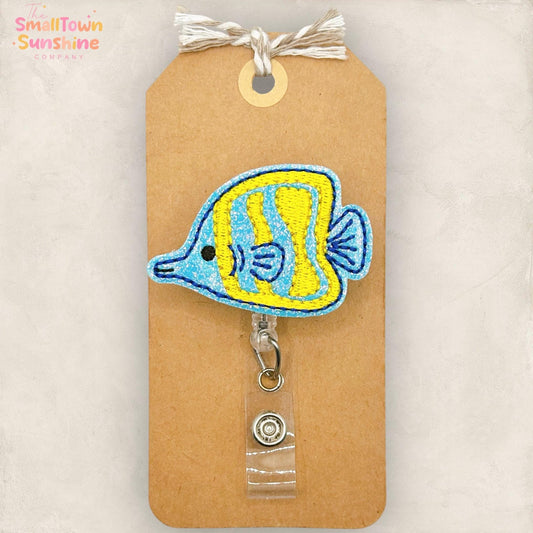 Tropical Fish Retractable Badge Reel: Summer ID Holder, Name Tag, Swappable Topper, Coworker Gift, Lanyard, MRI Safe, Heavy Duty | GLITTER