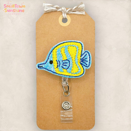 Tropical Fish Retractable Badge Reel: Summer ID Holder, Name Tag, Swappable Topper, Coworker Gift, Lanyard, MRI Safe, Heavy Duty | GLITTER