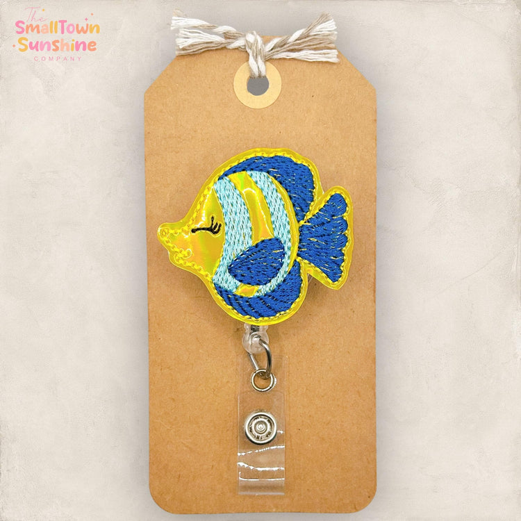 Tropical Fish Retractable Badge Reel: Summer ID Holder, Name Tag, Swappable Topper, Coworker Gift, Lanyard, MRI Safe, Heavy Duty Options