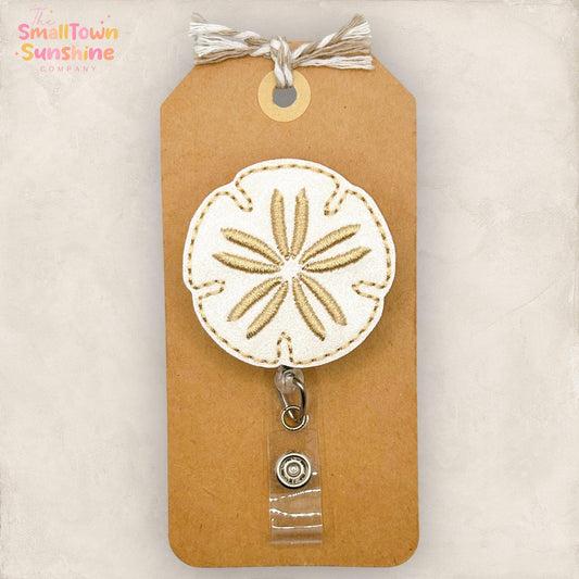 Sand Dollar Retractable Badge Reel: Summer ID Holder, Name Tag, Swappable Topper, Coworker Gift, Lanyard, MRI Safe, Heavy Duty | GLITTER