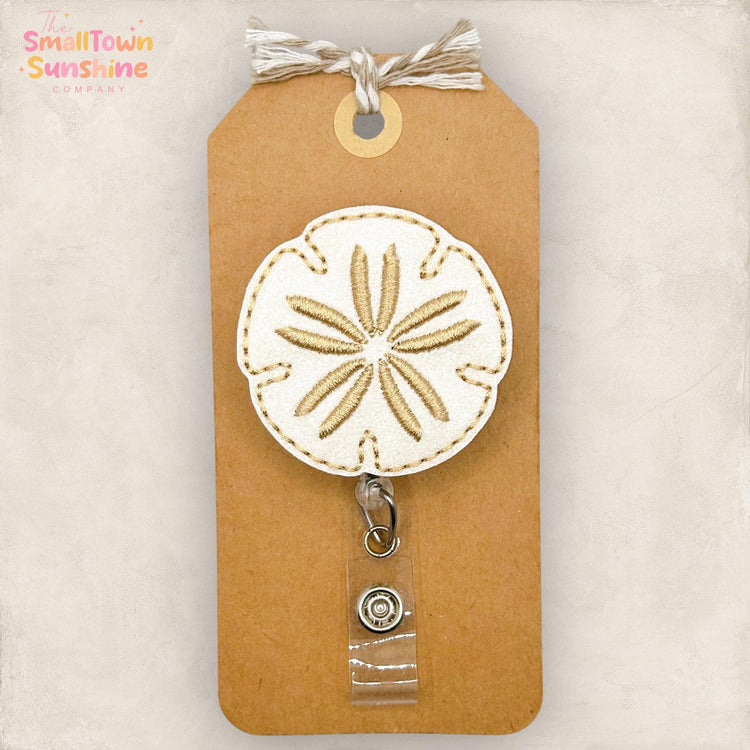 Sand Dollar Retractable Badge Reel: Summer ID Holder, Name Tag, Swappable Topper, Coworker Gift, Lanyard, MRI Safe, Heavy Duty | GLITTER