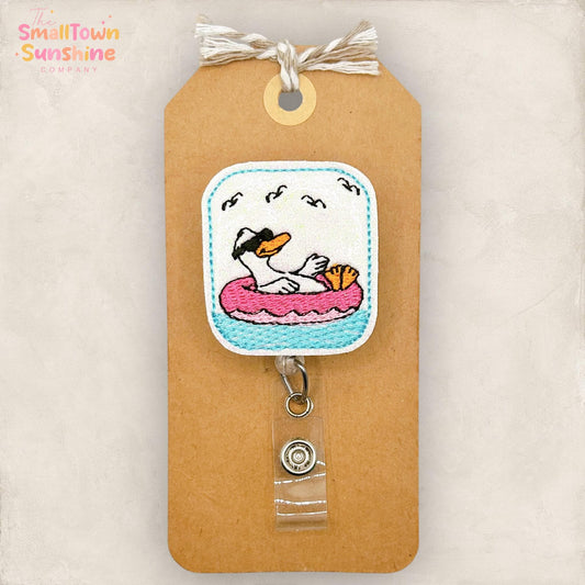 Silly Float Goose Retractable Badge Reel: Summer ID Holder, Name Tag, Topper, Coworker Gift, Lanyard, MRI Safe, Heavy Duty Option | GLITTER