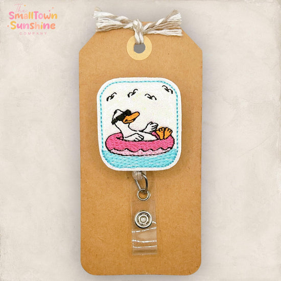 Silly Float Goose Retractable Badge Reel: Summer ID Holder, Name Tag, Topper, Coworker Gift, Lanyard, MRI Safe, Heavy Duty Option | GLITTER
