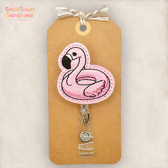 Flamingo Floatie Retractable Badge Reel: Summer ID Holder, Name Tag, Topper, Coworker Gift, Lanyard, MRI Safe, Heavy Duty Options