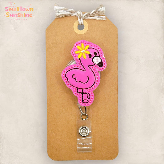 Hot Pink Flamingo Retractable Badge Reel: Summer ID Holder, Name Tag, Topper, Coworker Gift, Lanyard, MRI Safe, Heavy Duty Options