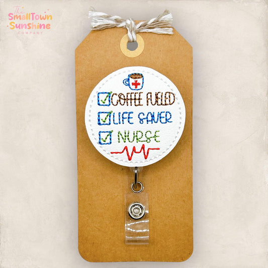 Coffee Fueled Nurse Retractable Badge Reel: Life Saver ID Holder, Name Tag, Topper, Coworker Gift, Lanyard, MRI Safe, Heavy Duty Options