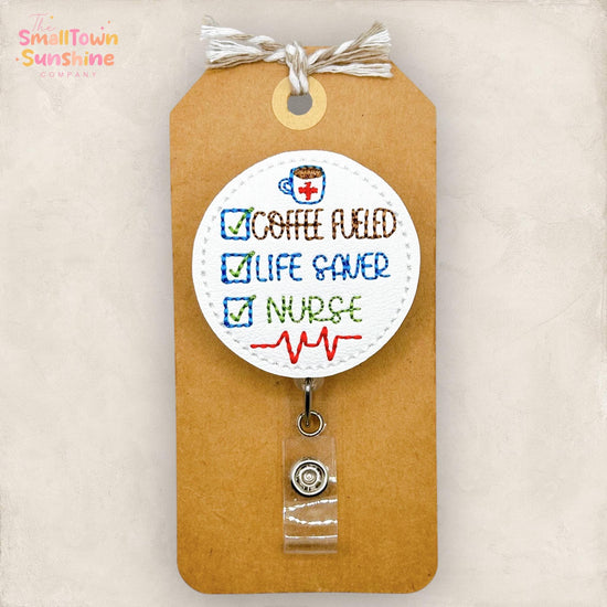 Coffee Fueled Nurse Retractable Badge Reel: Life Saver ID Holder, Name Tag, Topper, Coworker Gift, Lanyard, MRI Safe, Heavy Duty Options