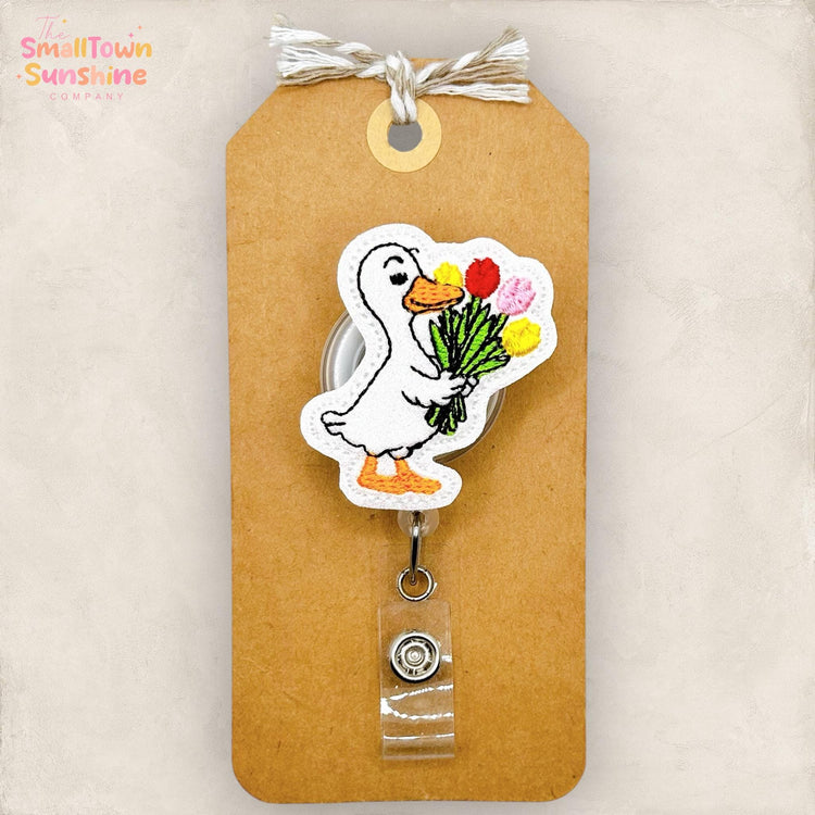 Goose with Tulips Retractable Badge Reel: Spring ID Holder, Name Tag, Topper, Coworker Gift, Lanyard, MRI Safe, Heavy Duty Options | GLITTER