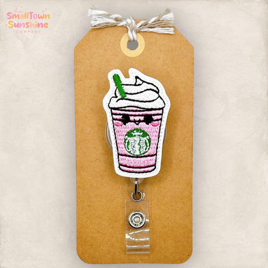 Pink Drink Latte Retractable Badge Reel: ID Holder, Name Tag, Topper, Coworker Gift, Lanyard, MRI Safe, Heavy Duty Options | GLITTER