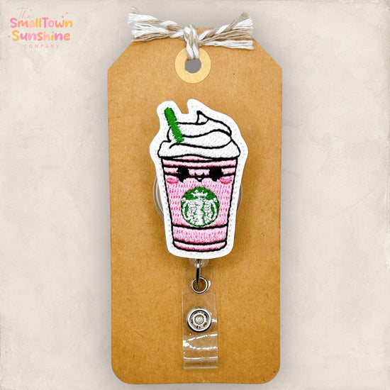 Pink Drink Latte Retractable Badge Reel: ID Holder, Name Tag, Topper, Coworker Gift, Lanyard, MRI Safe, Heavy Duty Options | GLITTER