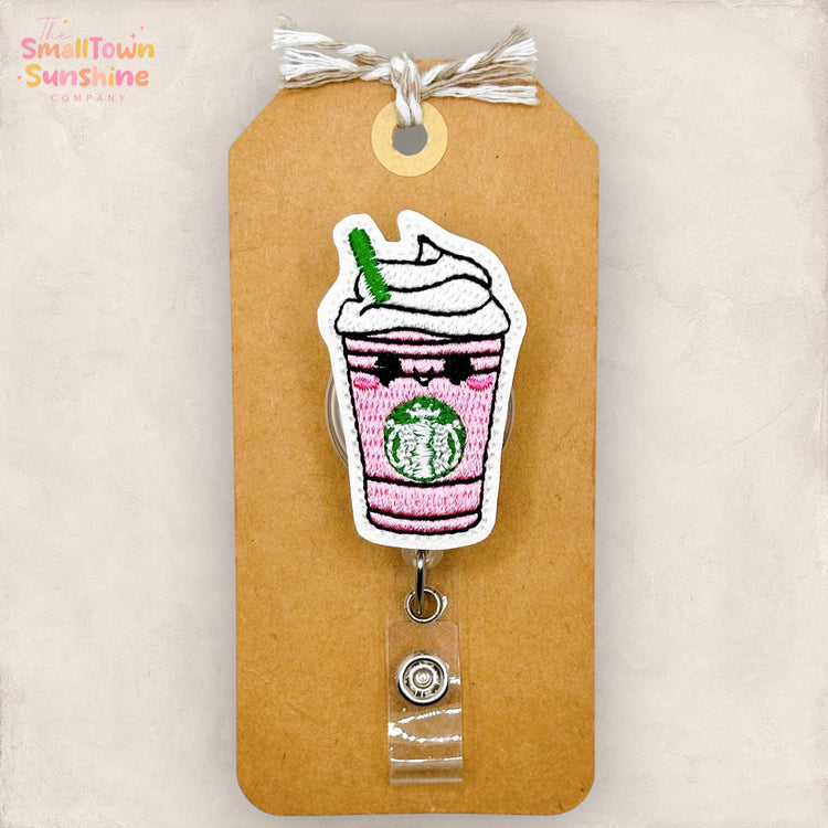 Pink Drink Latte Retractable Badge Reel: ID Holder, Name Tag, Topper, Coworker Gift, Lanyard, MRI Safe, Heavy Duty Options | GLITTER