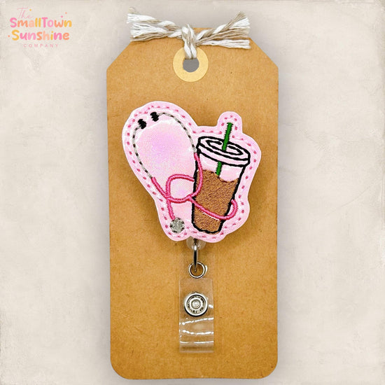 Stethoscope & Coffee Retractable Badge Reel: Nurse ID Holder, Name Tag, Topper, Coworker Gift, Lanyard, MRI Safe, Heavy Duty Options