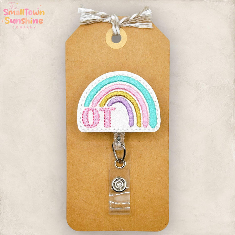 OT Rainbow Retractable Badge Reel: Occupational Therapy Id Holder, Name Tag, Topper, Coworker Gift, Lanyard, MRI Safe, Heavy Duty | GLITTER