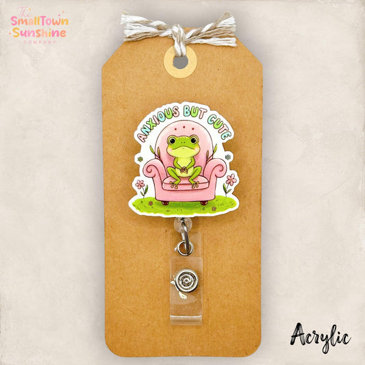 Anxious But Cute Retractable Badge Reel: Anxiety Frog ID Holder, Name Tag, Topper, Coworker Gift, Lanyard, MRI Safe, Heavy Duty | ACRYLIC