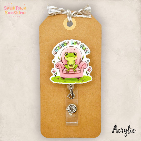 Anxious But Cute Retractable Badge Reel: Anxiety Frog ID Holder, Name Tag, Topper, Coworker Gift, Lanyard, MRI Safe, Heavy Duty | ACRYLIC