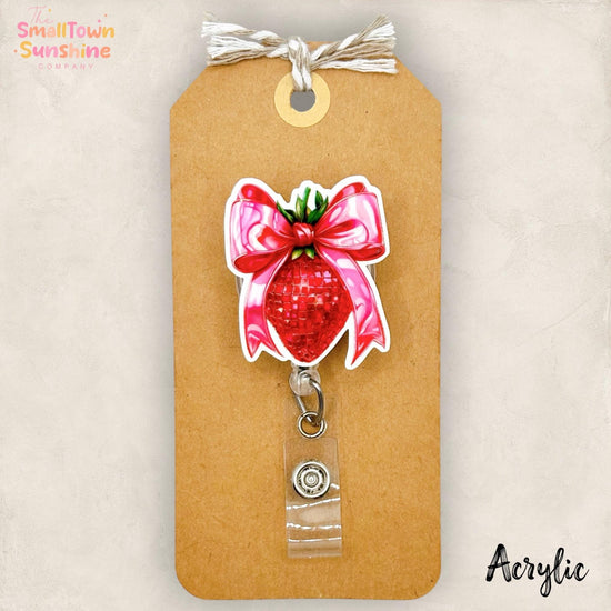 Coquette Strawberry Retractable Badge Reel: Summer ID Holder, Name Tag, Topper, Coworker Gift, Lanyard, MRI Safe, Heavy Duty | ACRYLIC