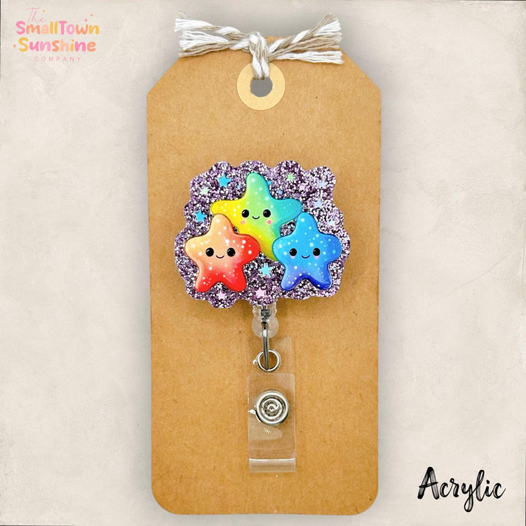 Happy Stars Retractable Badge Reel: Id Holder, Name Tag, Topper, Coworker Gift, Lanyard, MRI Safe, Heavy Duty Options | ACRYLIC GLITTER
