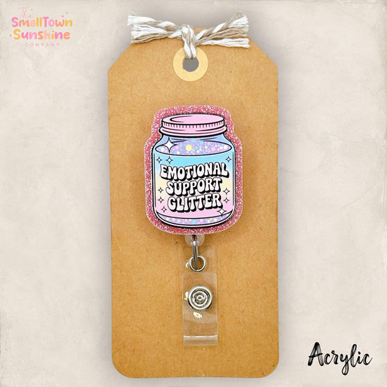 Emotional Support Glitter Retractable Badge Reel: Id Holder, Name Tag, Topper, Coworker Gift, Lanyard, MRI Safe, Heavy Duty Option | ACRYLIC