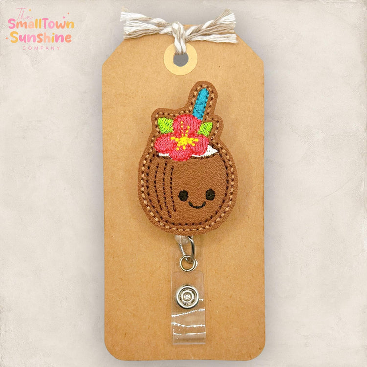 Coconut Cocktail Retractable Badge Reel: Summer ID Holder, Name Tag, Topper, Coworker Gift, Lanyard, MRI Safe, Heavy Duty Options