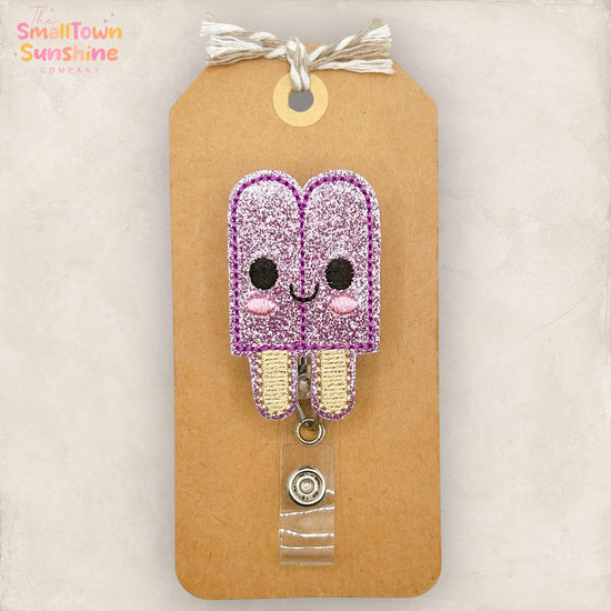 Purple Popsicle Retractable Badge Reel: Summer ID Holder, Name Tag, Topper, Coworker Gift, Lanyard, MRI Safe, Heavy Duty Options | GLITTER