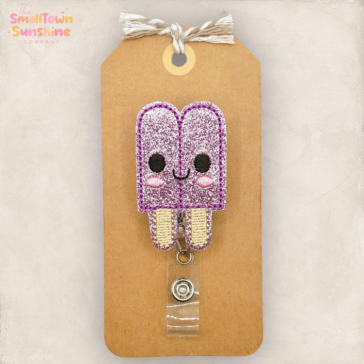Purple Popsicle Retractable Badge Reel: Summer ID Holder, Name Tag, Topper, Coworker Gift, Lanyard, MRI Safe, Heavy Duty Options | GLITTER