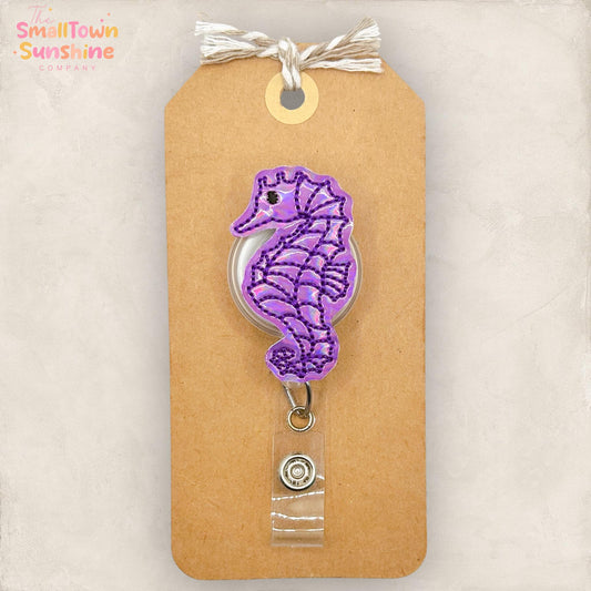 Purple Seahorse Retractable Badge Reel: Summer ID Holder, Name Tag, Topper, Coworker Gift, Lanyard, MRI Safe, Heavy Duty Options