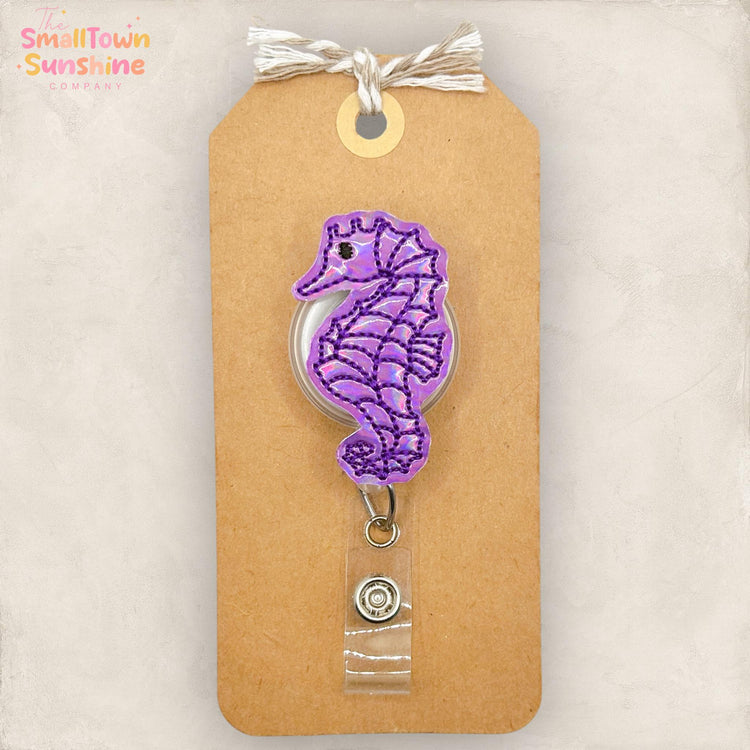 Purple Seahorse Retractable Badge Reel: Summer ID Holder, Name Tag, Topper, Coworker Gift, Lanyard, MRI Safe, Heavy Duty Options