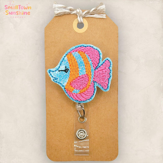 Tropical Fish Retractable Badge Reel: Summer ID Holder, Name Tag, Swappable Topper, Coworker Gift, Lanyard, MRI Safe, Heavy Duty | GLITTER
