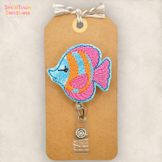 Tropical Fish Retractable Badge Reel: Summer ID Holder, Name Tag, Swappable Topper, Coworker Gift, Lanyard, MRI Safe, Heavy Duty | GLITTER