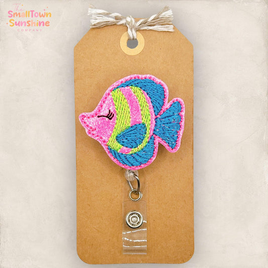Tropical Fish Retractable Badge Reel: Summer ID Holder, Name Tag, Swappable Topper, Coworker Gift, Lanyard, MRI Safe, Heavy Duty | GLITTER