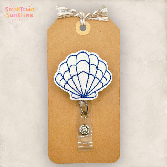 Blue & White Seashell Retractable Badge Reel: Summer ID Holder, Name Tag, Topper, Coworker Gift, Lanyard, MRI Safe, Heavy Duty | GLITTER